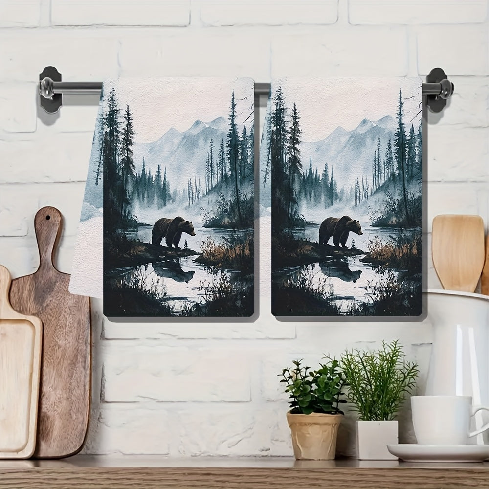 Set of 2 luxurious kitchen towels featuring a majestic grizzly bear in a wilderness scene. These ultra soft towels are highly absorbent, machine washable, and designed in a contemporary style. Each towel measures 40.64x60.96 cm.