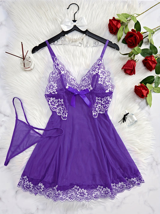 Backless nightdress with thin straps and charm design, includes thong. Sexy women's clothing.