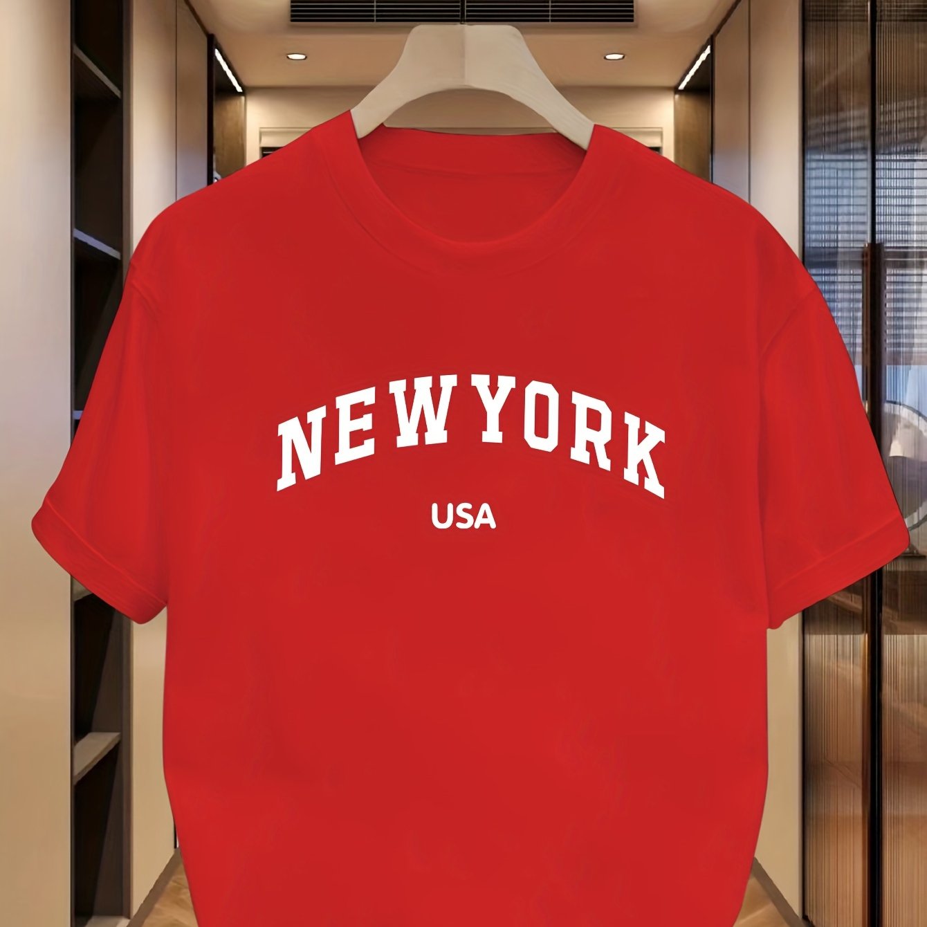 Men's casual crew neck t-shirt with NEW YORK USA print, 95% Polyester 5% Elastane, Slight stretch, Regular fit, Summer wear, 180gsm.