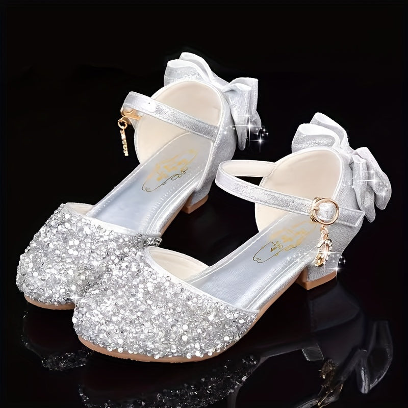 Girls' high heel shoes, youngsters' slippers, girls' silvery dress, piano performance shoes, princess shoes with bow.