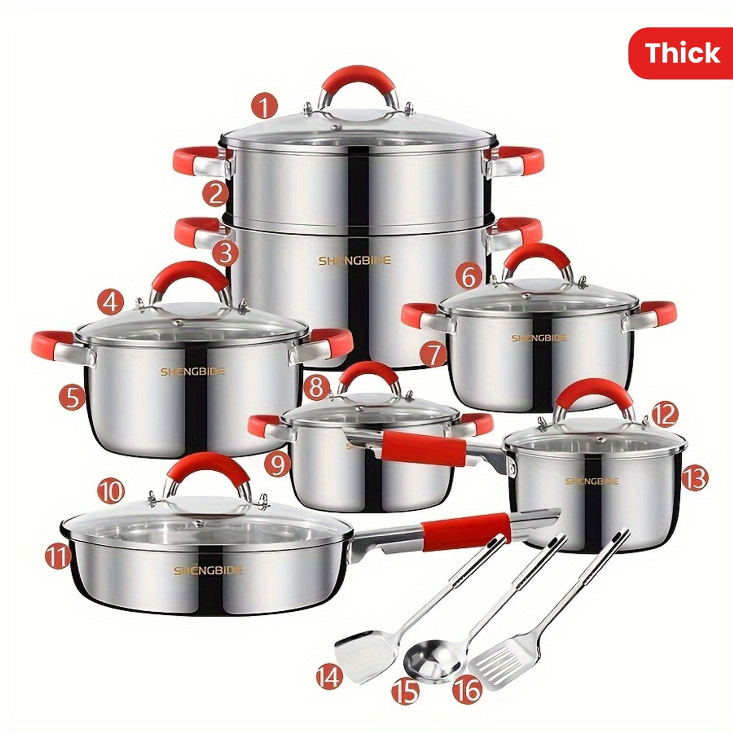 This set includes 16 pieces of stainless steel cookware, perfect for all your cooking needs. The set contains 4 pots, 1 frying pan, 1 milk pot, 6 pot lids, 2 spatulas, 1 spoon, and 1 steamer. The pots are designed to distribute heat evenly and quickly