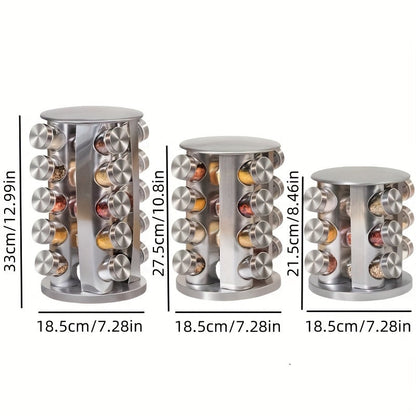 Spice up your kitchen organization with our 360° Rotating Stainless Steel Spice Rack! This convenient rack can hold 12, 16, or 20 jars and comes with reusable labels and a funnel for easy filling. Perfect for keeping your spices neatly organized and