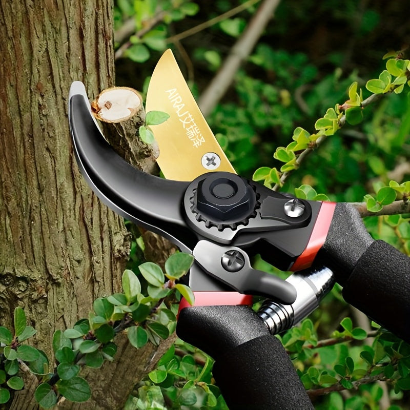 AIRAJ Heavy Duty Pruning Shears: Ultra sharp, professional garden scissors for trimming trees and roses. Multipurpose tools made of chrome vanadium steel in black.