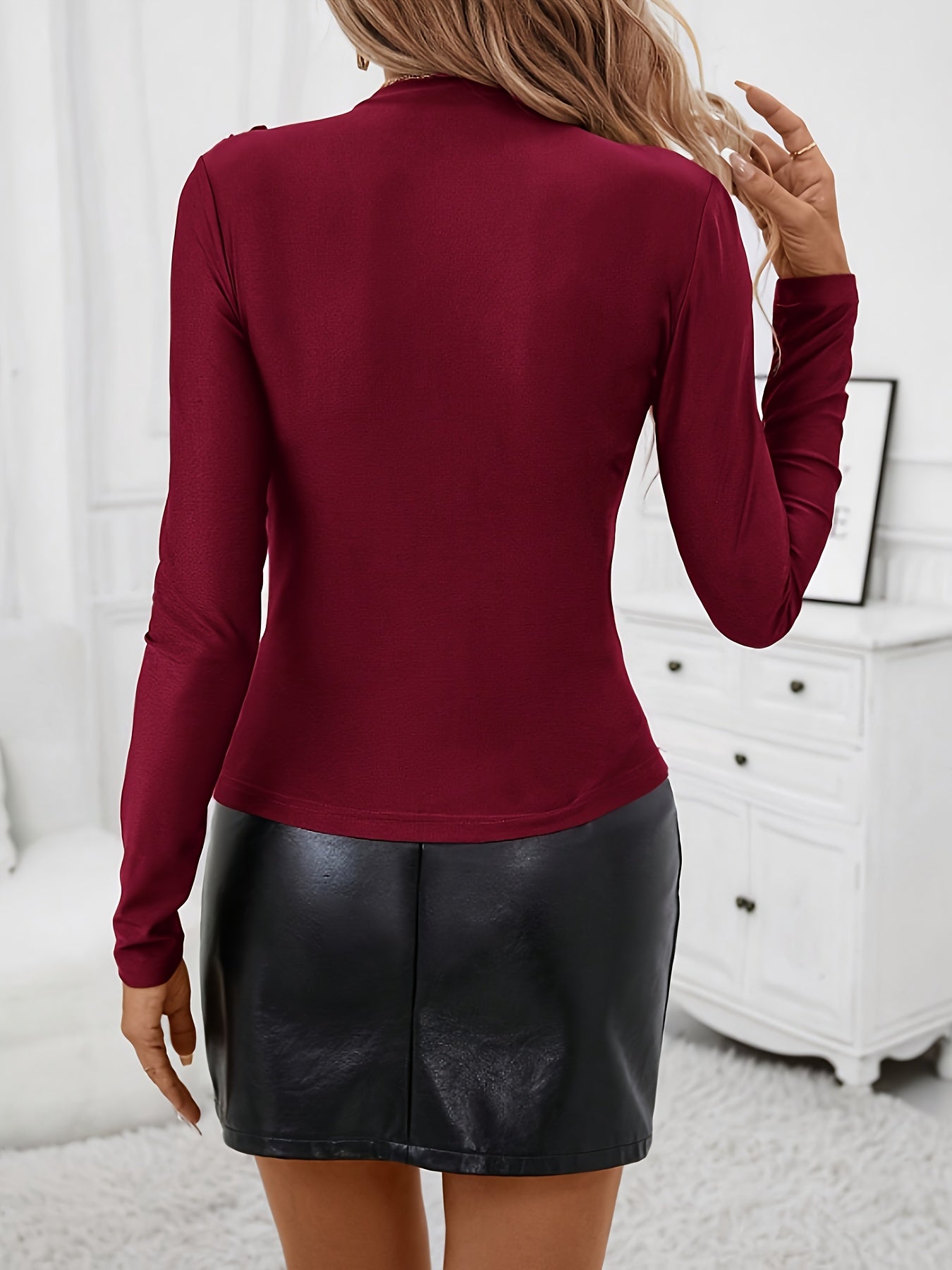 Chic brown polyester blouse with high-neck, long sleeves, and shoulder ruching. Slim fit with medium stretch, suitable for all seasons and events.