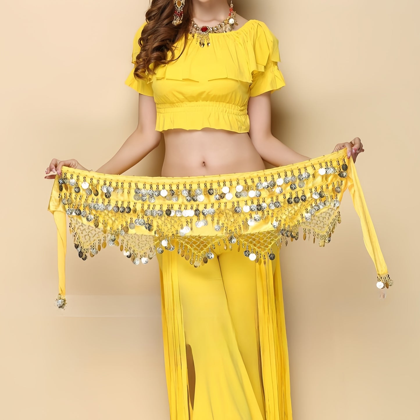 Stylish sequined waist chain belt for belly dancing, suitable for Oriental and Indian dance styles.