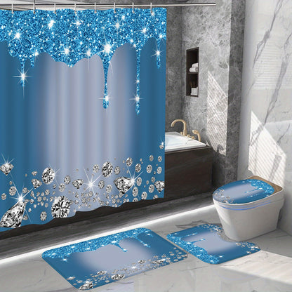 4-piece bathroom set with diamond-pattern shower curtain, 12 hooks, non-slip rugs, toilet cover mat, and partition for room decor.