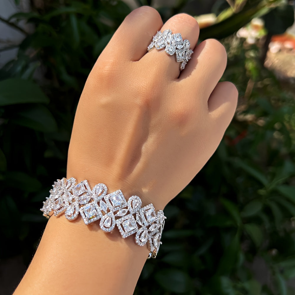 Elegant Square Zirconia Bangle and Ring Set for Women, Perfect for Bridal Wedding and Vintage Evening Parties