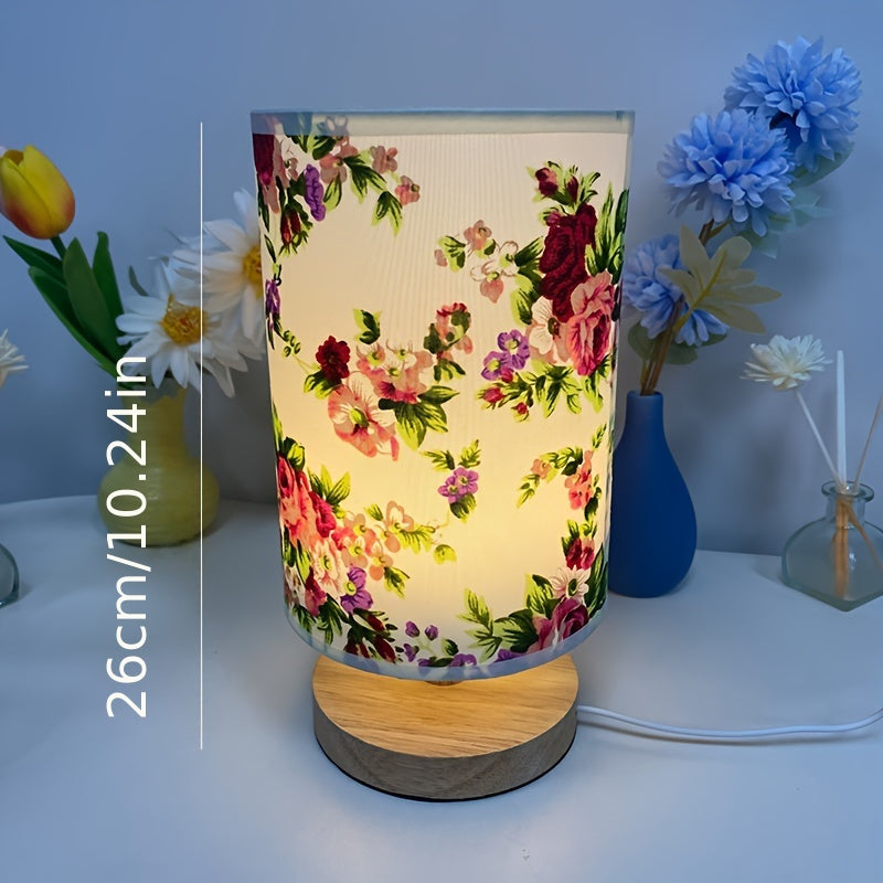 1 piece Flower Print Bedroom Bedside Table Lamp made of solid wood with nightstand feature.