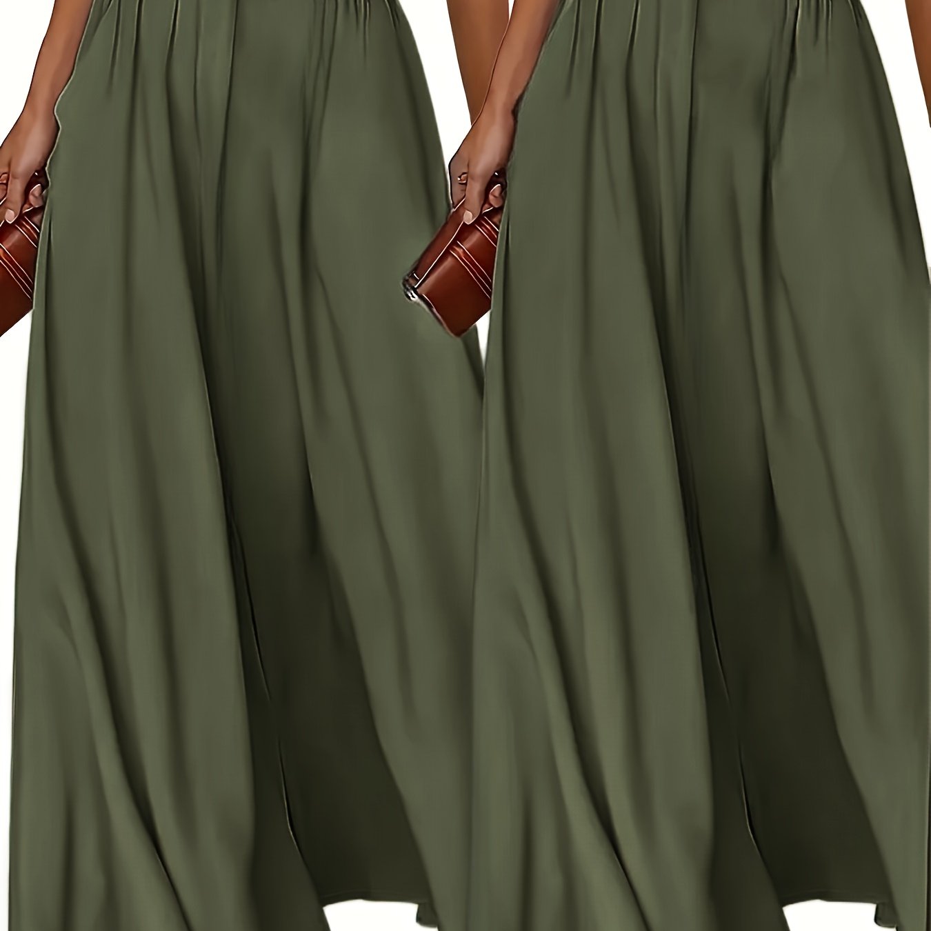 Set of 2 women's high waist wide leg pants in solid color polyester with pockets, ideal for all-season wear.