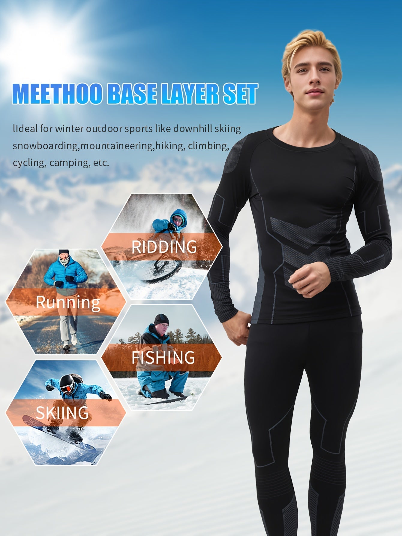 Men's thermal underwear set made of a polyester/spandex blend with tight-fitting, breathable, quick-drying knit fabric for daily wear in autumn/winter.