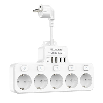 9-In-1 power strip with USB, 5 EU sockets, 2 USB-A and 2 USB-C ports, flexible cable sockets, wall-mounted design, ideal for home, kitchen, office, and travel.