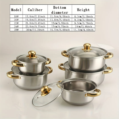 A multifunctional kitchen cookware set made of stainless steel comprising of 5 pots with double handles and 5 transparent lids. Compatible with gas stoves and induction cookers, suitable for cooking soup, stew, and noodles in 5 different sizes.