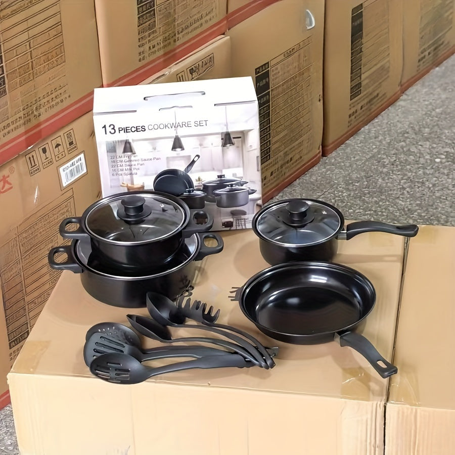 13-piece Non-stick Pan Set includes Saucepan, Frying Pan, and Multi-purpose Kitchen Pans in a Neutral Colored Box. Perfect for Frying, Boiling, and Stewing.