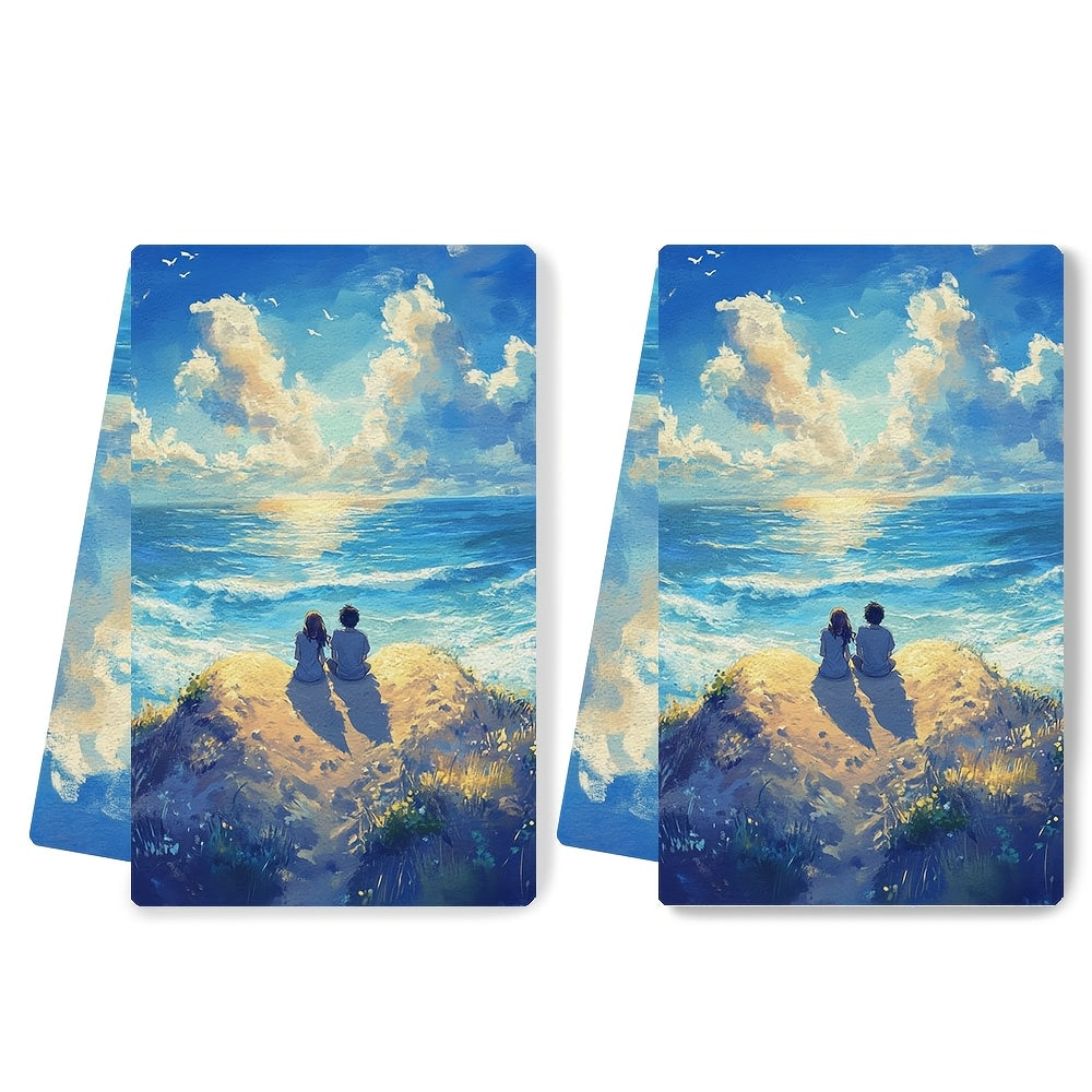 This set includes 2 ultra-soft kitchen towels with an anime couple seated on a heart-shaped sand dune, gazing at the waves. These dish towels are highly absorbent, perfect for holiday decoration, machine washable, and measure 40.64X60.96 cm.