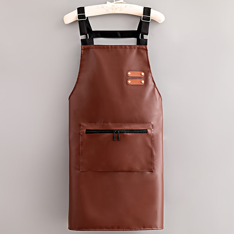 Single piece of imitation leather apron with adjustable straps, solid color, suitable for household use by chefs, waiters, barbecuers, and hairdressers. Includes pockets for adults.