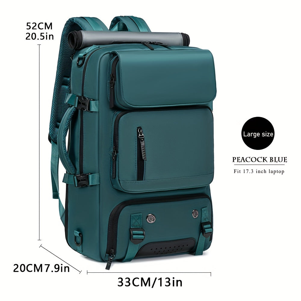 Waterproof backpack with USB port, trolley sleeve, shoe grid for outdoor activities.