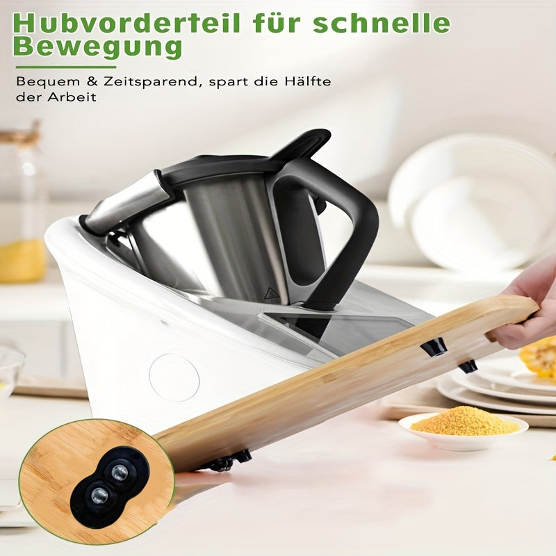 Bamboo wood food processor mobile pad for the kitchen, featuring a smooth sliding wooden base for easy and fast movement of your food processor. This rolling plate accessory is perfect for food processing machines.