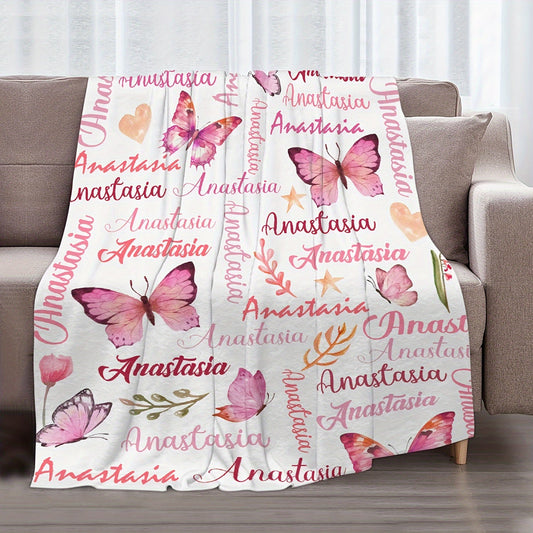 Personalized Anastasia Butterfly Throw Blanket - Soft Flannel Fleece for Sofa, Bed, Travel, Camping, Living Room, Office - Machine Washable, Hypoallergenic, All-Season Multipurpose Knitted Polyester - Modern Digital Print Design