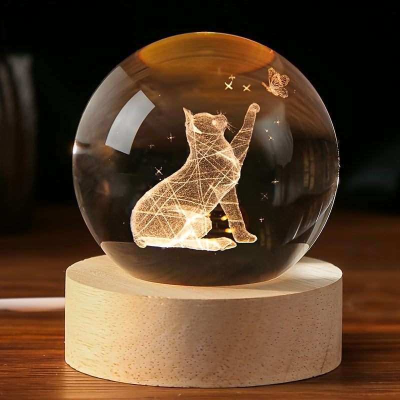 Cat Crystal Ball Night Light on Wooden Base, 5.99cm Lamp for Cat Lovers, Snow Globe Gift for Women - $1pc