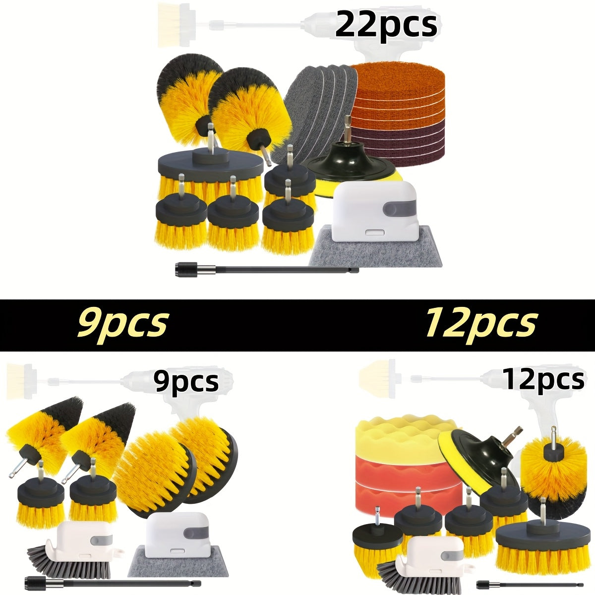 Set of 22 drill brushes - Versatile cleaning attachments for various cleaning tasks, includes window brush, gap brush, white cleaning cloth, ideal for use in bathroom, kitchen, toilet, car, and on floors. Made of reusable plastic for long-lasting use.