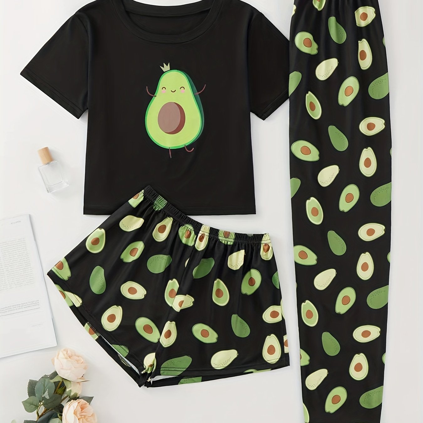 Avocado print pajama set with short sleeve top, elastic waistband shorts and pants for women's sleepwear and loungewear.