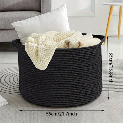 Large storage basket made from woven rope, perfect for blankets in the living room, toys in the children's room, dirty laundry in the laundry room, and bedroom organization.