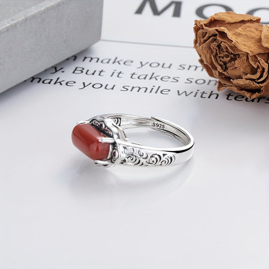 925 Silver Plated Vintage Boho Style Natural Agate Ring, Adjustable Open Ring with Tree Pattern Engraving. Elegant Court-inspired Design Perfect for Daily Wear and Gift-Giving.