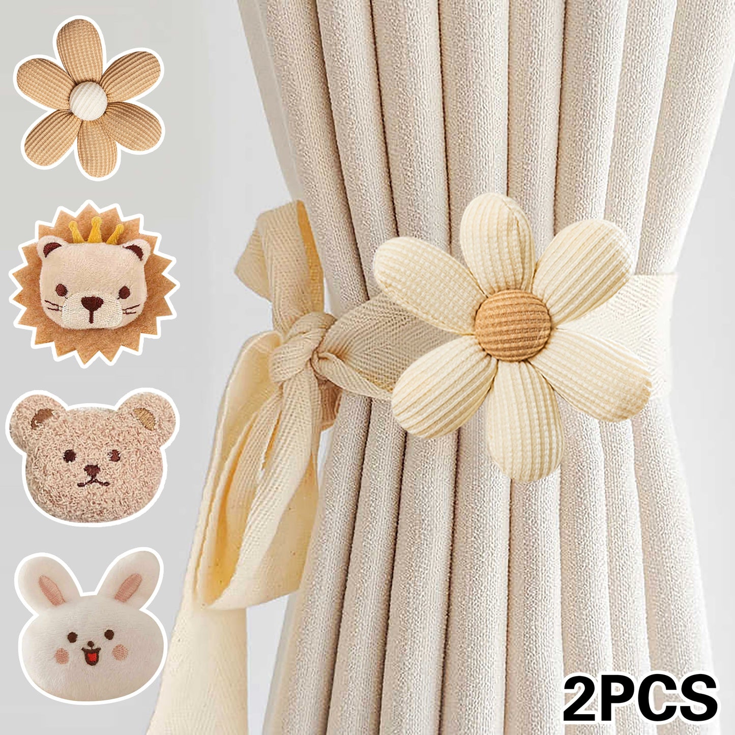 Two-Pack of Modern 3D Cartoon Animal Curtain Tiebacks made of Polyester, Adjustable No-Drill Curtain Holdbacks for Living Room, Bedroom, Home Decor - Unique Animal Design Clasps to Add Warmth and Creativity to your Home.