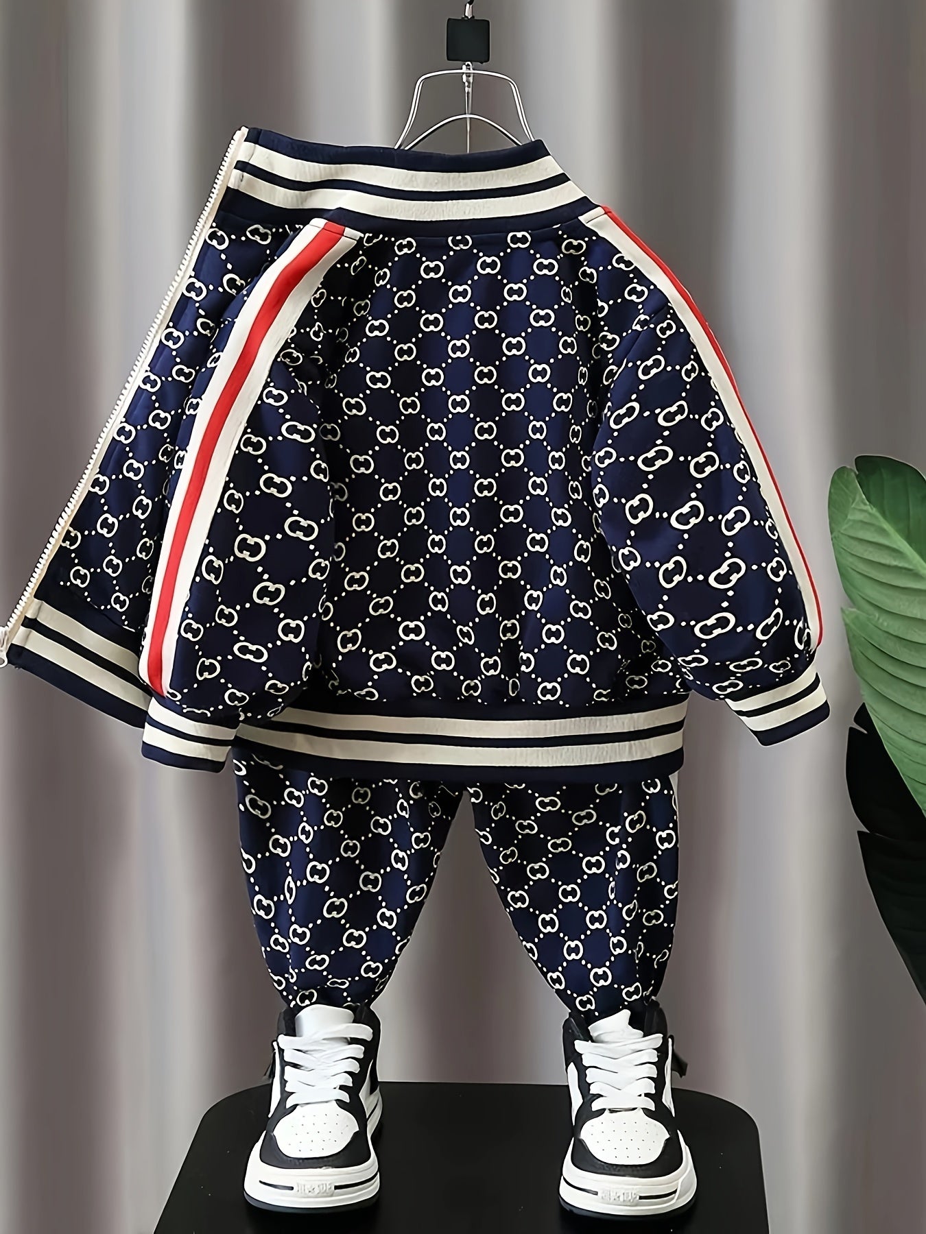 2pcs Geometric Print Zip-Up Varsity Jacket & Casual Pants Set for Boys - Ideal for Outdoor Play, Fall/Winter Gift Idea