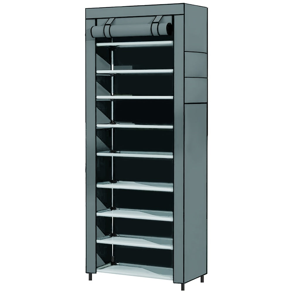 Compact plastic shoe cabinet with dust cover, non-woven shoe rack, easy assembly, portable, ideal for home, dorm, or entryway storage.