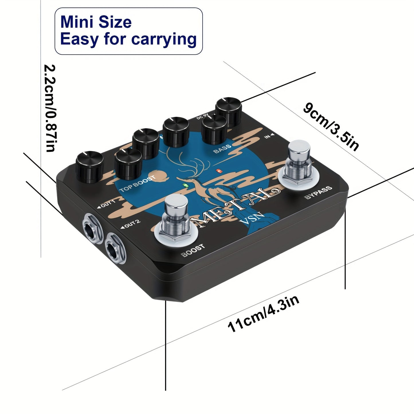 VSN Heavy Metal Distortion Pedal - True Bypass, 80s & 90s Tones, Earphone Output, Durable Aluminum Alloy