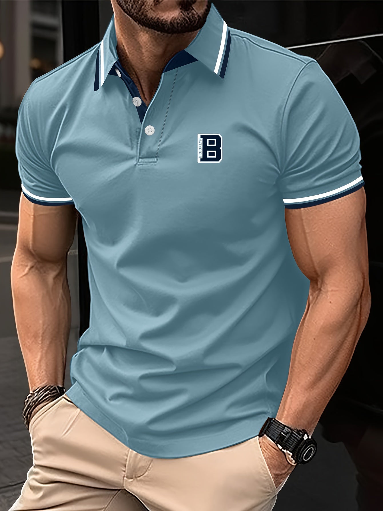 Men's trendy color block short sleeve button up lapel shirt with simple letter print for summer daily and golf.