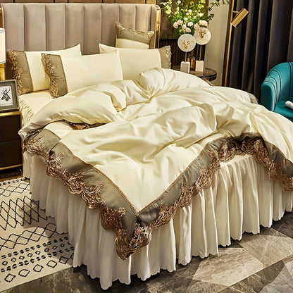 Modern luxury polyester duvet cover set with 2-3 pieces. Solid color with golden lace details. Soft, comfortable, and breathable with zipper closure. Suitable for bedroom, guest room, and