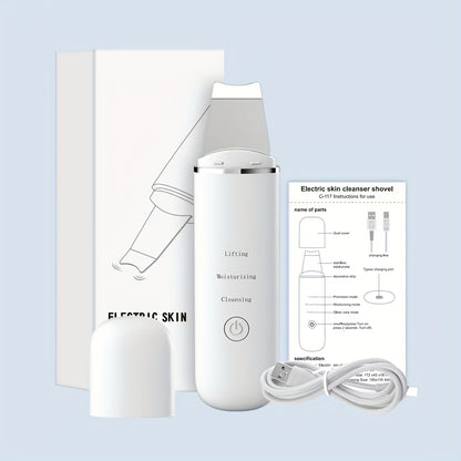 Facial pore cleaner for home use with skin scrubber and electric cleansing device.