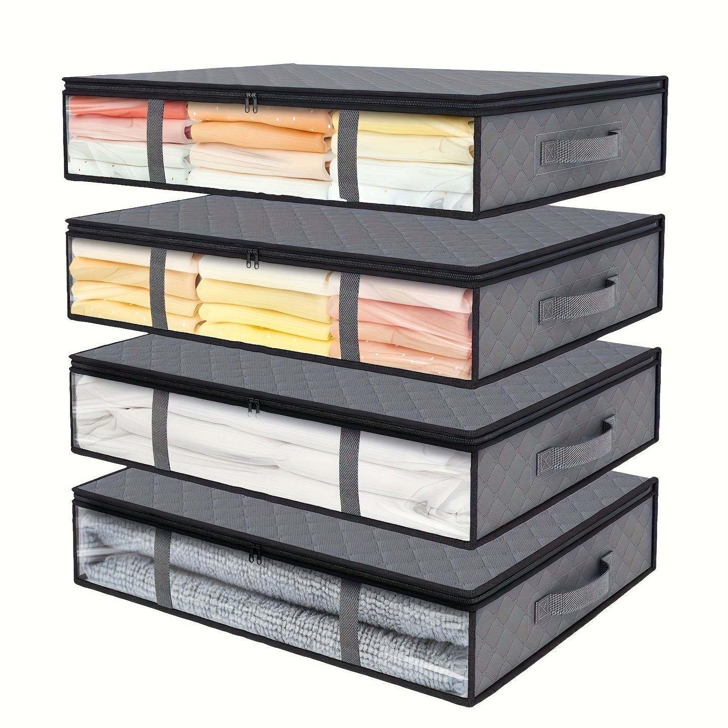 Store your clothes, bedding, and comforters in style with these 4 quilted foldable storage boxes. Each box features a transparent window and handles for easy access. Made of waterproof polyurethane, these space-saving organizers are ideal for use in the