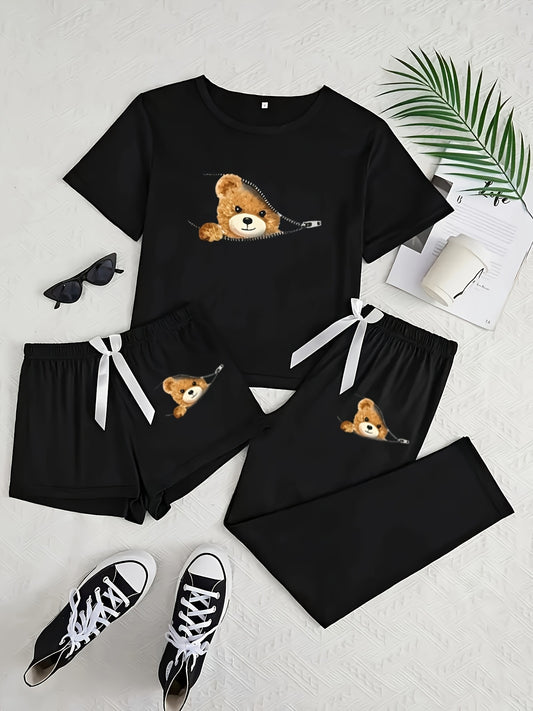 Zipper bear print pattern pajama set with short sleeve and long pants shorts for women's home sleepwear.