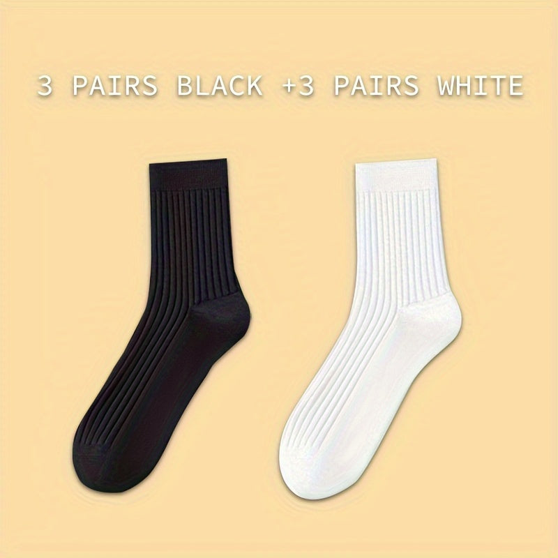 6 pairs of men's black and white thickened mid-tube socks for autumn and winter.