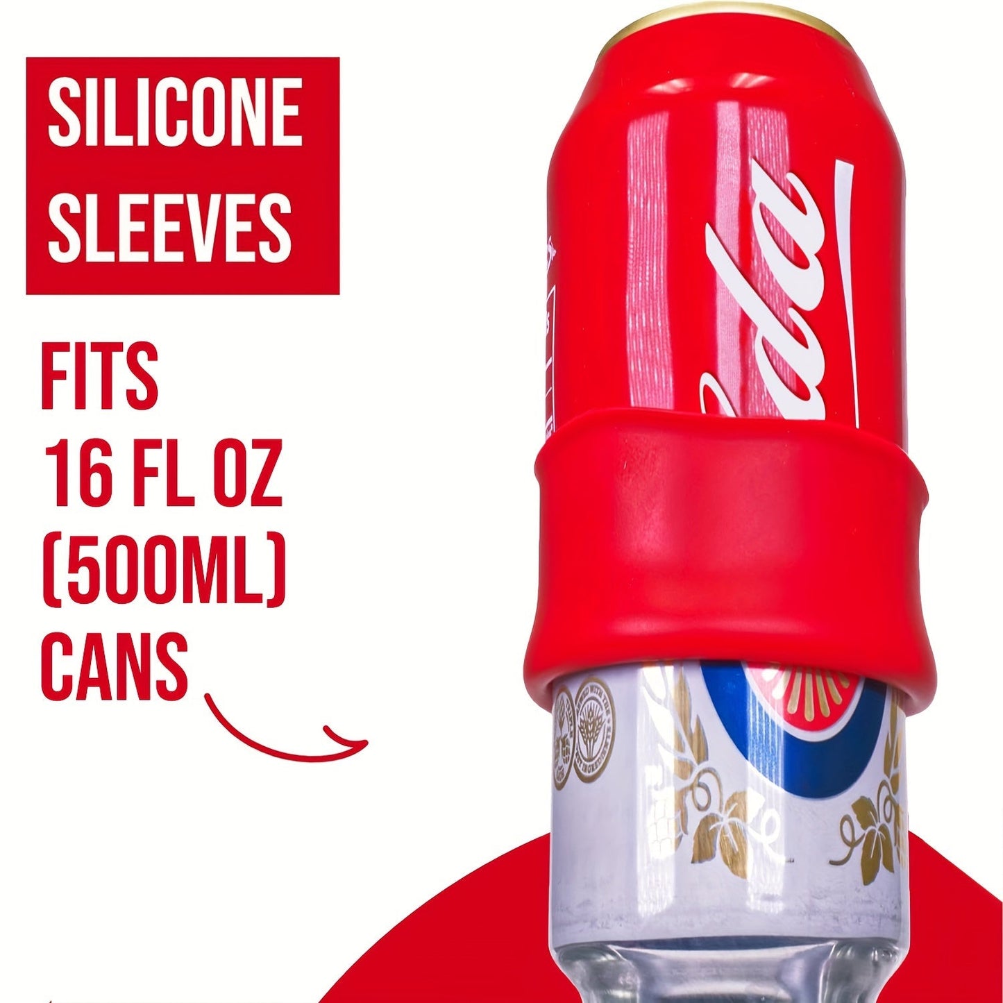 Stay cool on the go with this silicone sleeve designed to resemble a soda can. Perfect for keeping your drink cold during travel, outdoor picnics, and concerts. Fits 16fl.oz (500ml) beverages.