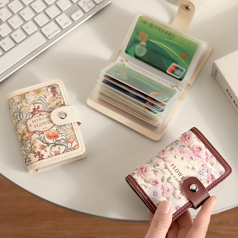 Compact floral credit card holder with delicate design, multiple card slots, and large capacity for driver's license, business cards, and documents.