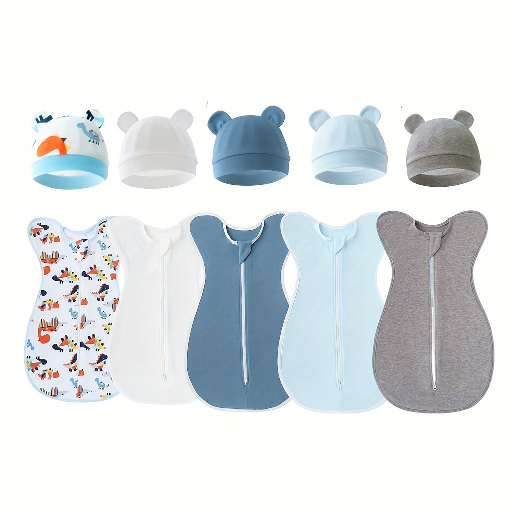 Set of two newborn baby swaddle blankets and hats in a Surrender style design. Made from all-season cotton, these sleep sacks are anti-colic and must be handwashed only. Comes in mixed colors and features non-woven fabric for infant swaddling wraps.