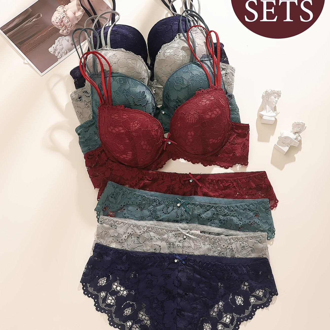 4-piece bra set with steel ring and sexy lace for women, designed to gather, uplift, and prevent sagging.