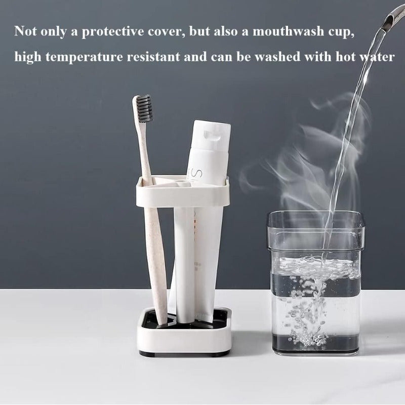 White Plastic Toothbrush Holder with Cup and Lid for Traditional and Electric Toothbrushes – Organize Dental Floss, Razors, and More on Your Bathroom Countertop without Needing Electricity. Modern and Transparent Cover for Toothbrushes and Toothpaste