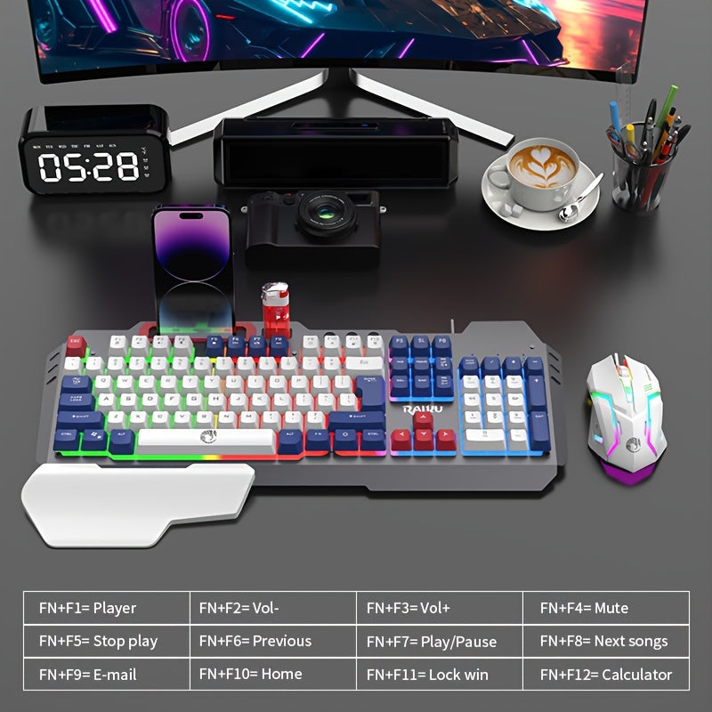 Three colors block wired gaming keyboard and mouse set with optical backlit keyboard for gaming, office, and laptop use.