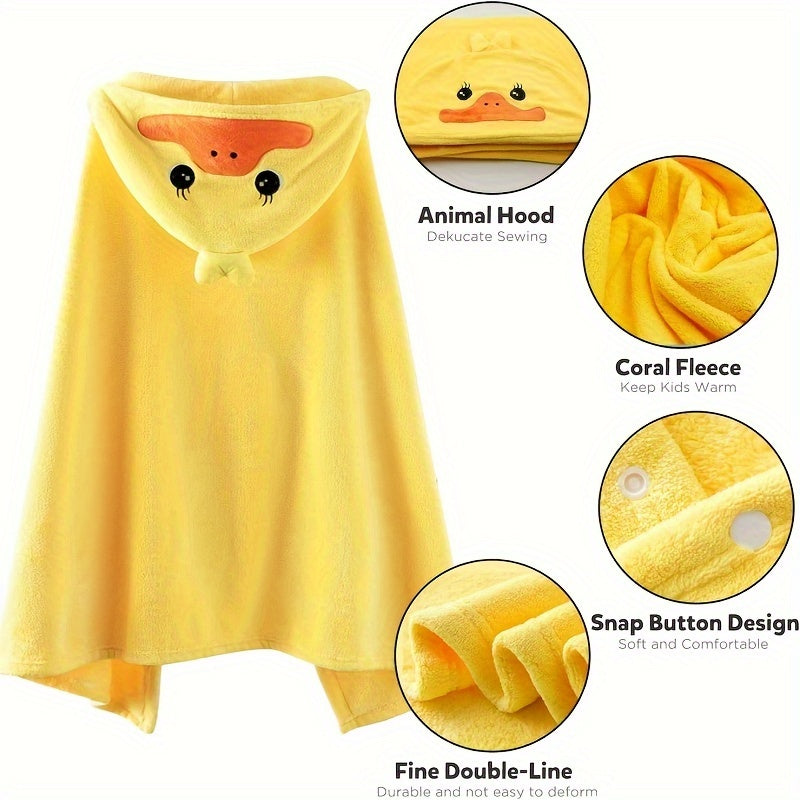 One piece baby hooded bath towel featuring an ultra soft and highly absorbent cartoon duck pattern. Perfect for babies, toddlers, infants, and newborns. Makes a great gift for boys and girls. Size: 27.5 x 55 inches.