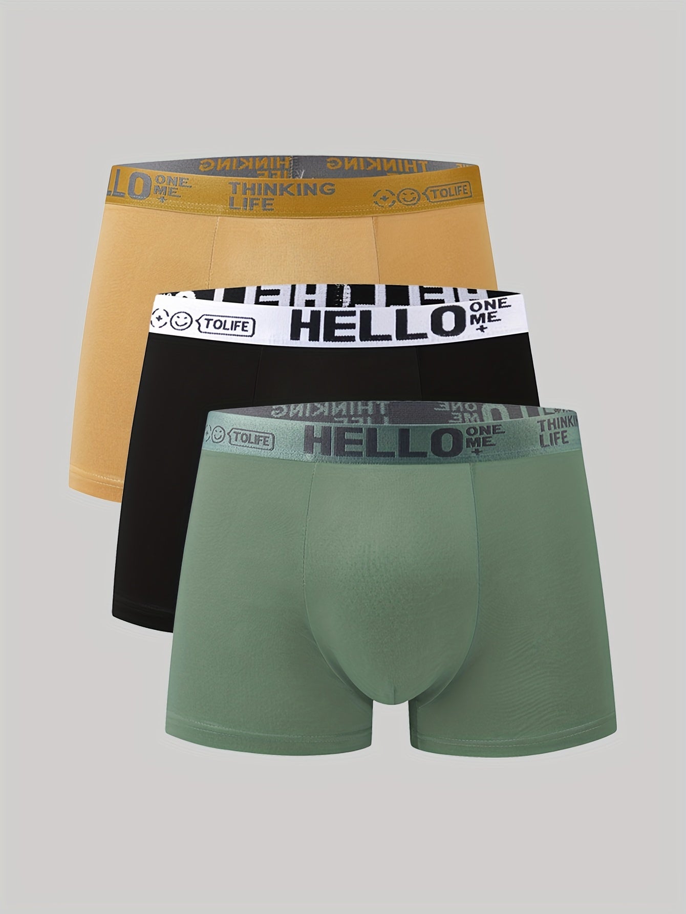 3pcs 'Hello' Print Men's Boxer Briefs - Stylish, breathable, and comfortable sports trunks with high stretch and quick-drying technology.