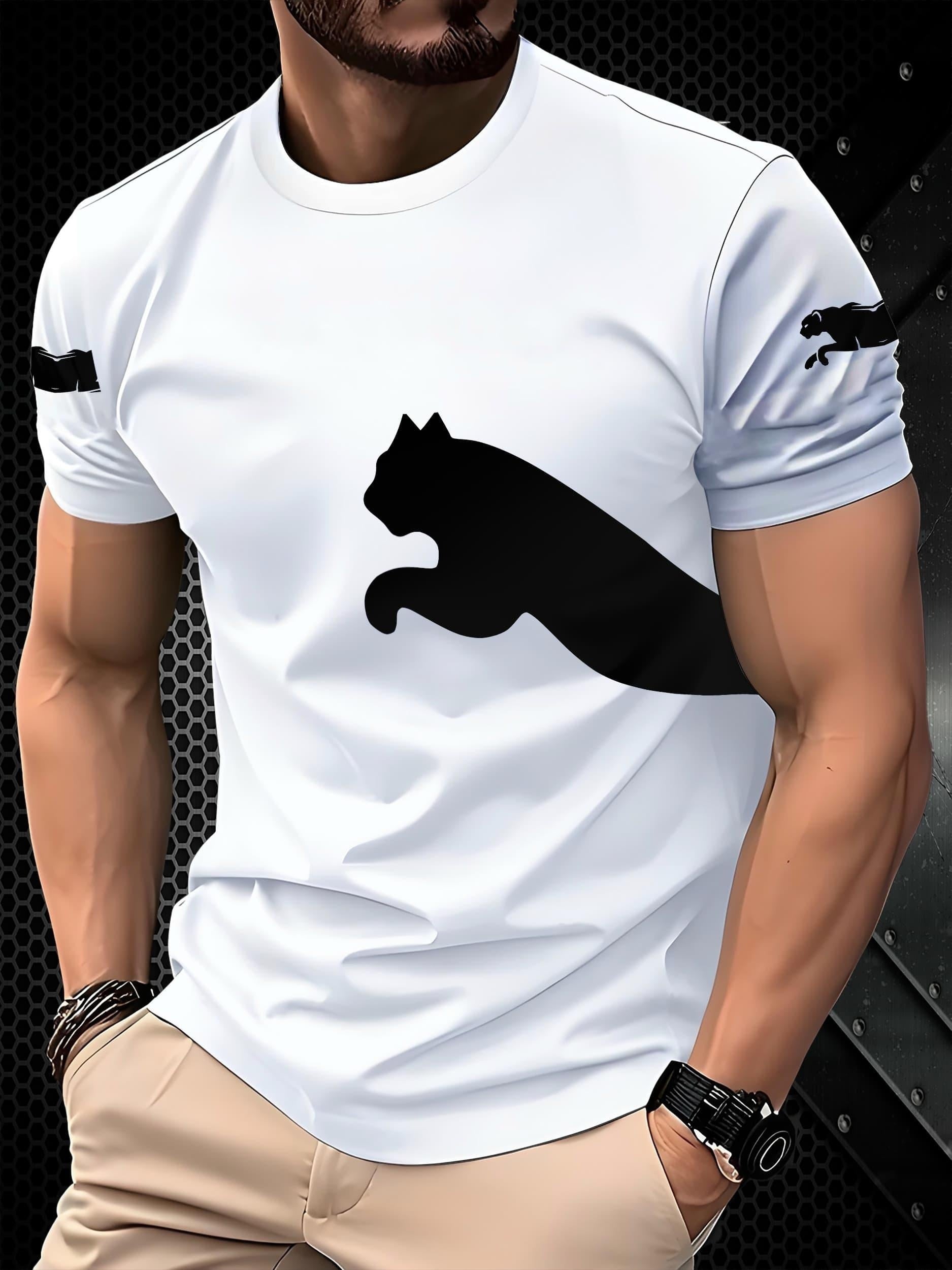 Men's casual short sleeve 3D cat print t-shirt, made of breathable polyester blend for summer outdoor wear.