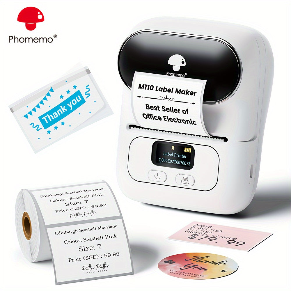 Phomemo M110 Wireless Label Printer with 40x30mm Sticker Roll, ideal for businesses and office use, with wireless connectivity for phones & PCs.