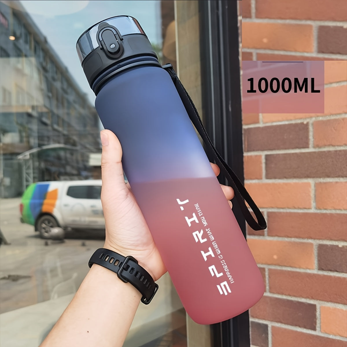 Outdoor sports water bottle with braided carrying rope and cup cover, portable, leakproof, time-volume mark, suitable for outdoor sports.