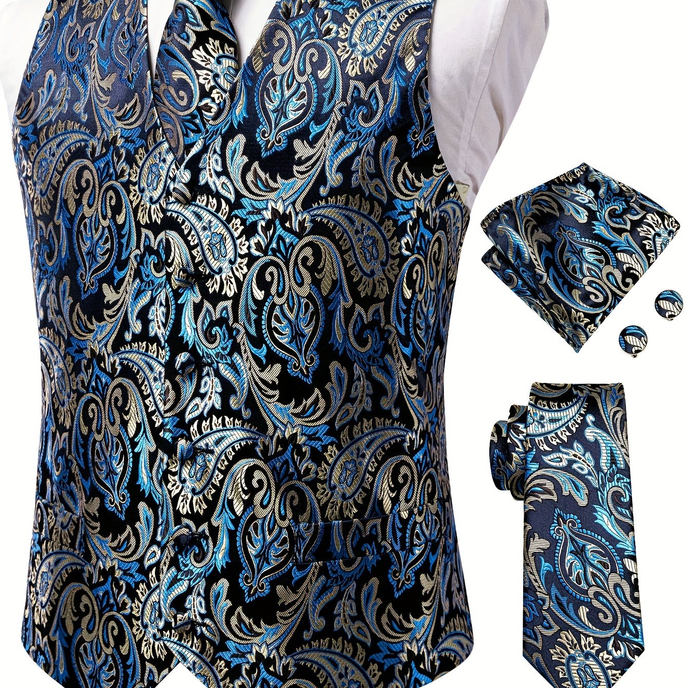 White paisley pattern accessories for big men: waistcoat, necktie, hanky, and cufflinks