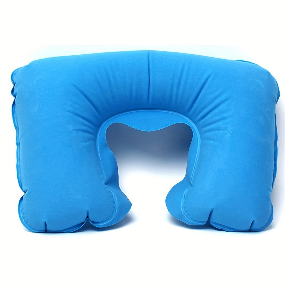 Inflatable U-shaped Travel Pillow Set with Short Plush Cover, PVC Support Headrest, Earplugs, and Eyeshade for Car or Office Use